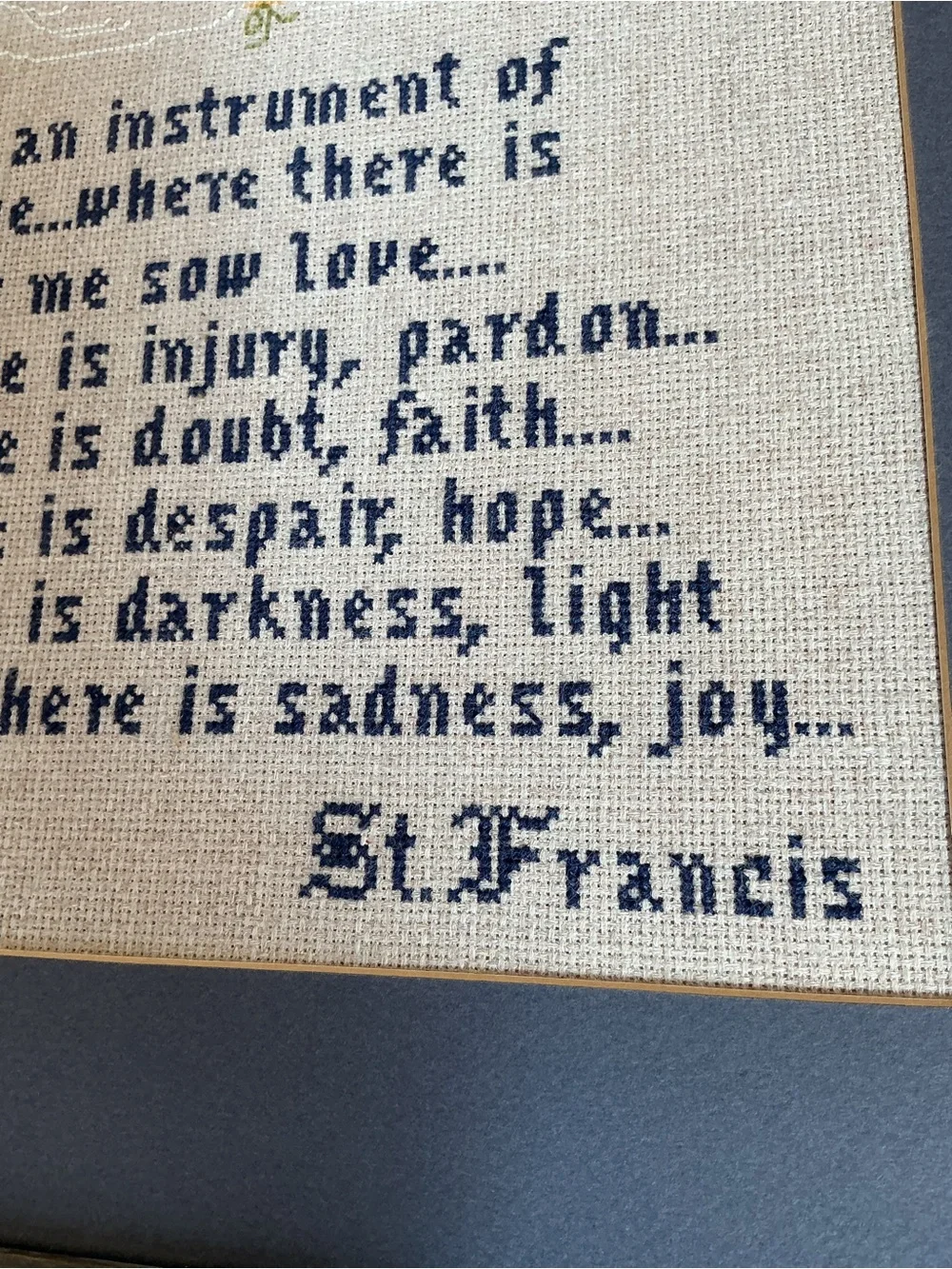 St. Francis Prayer Cross-Stitch Wall Art in Blue and Cream
